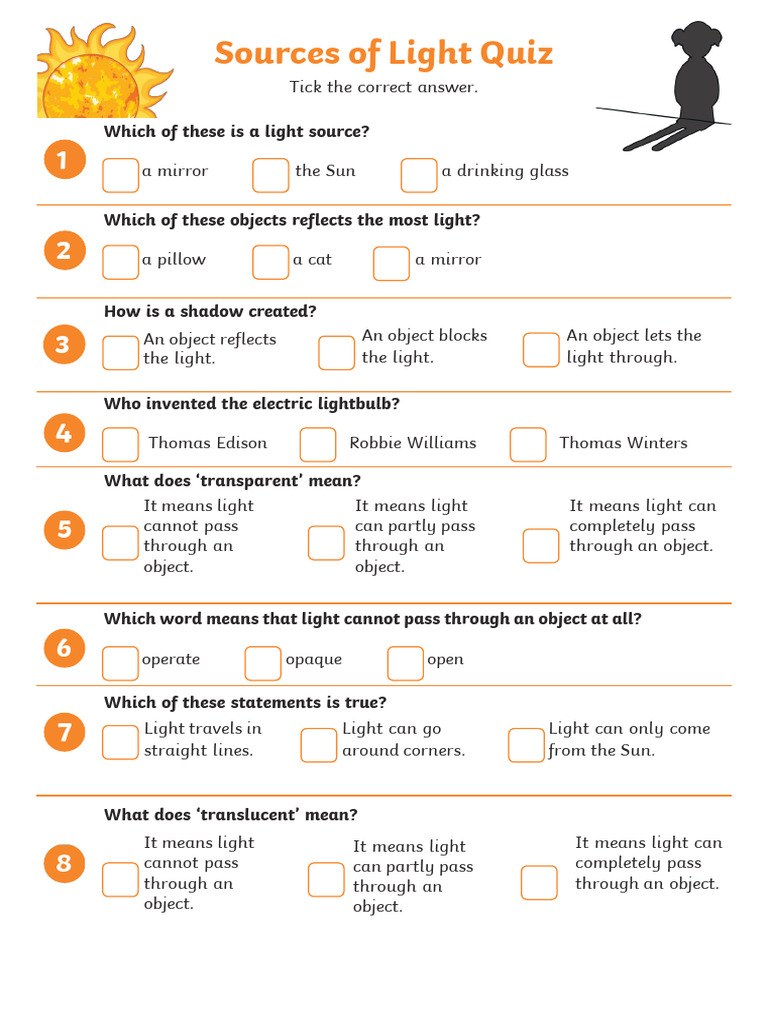 Practice Worksheet 1 - Light - Quiz With Answer Key | PDF | Light ...