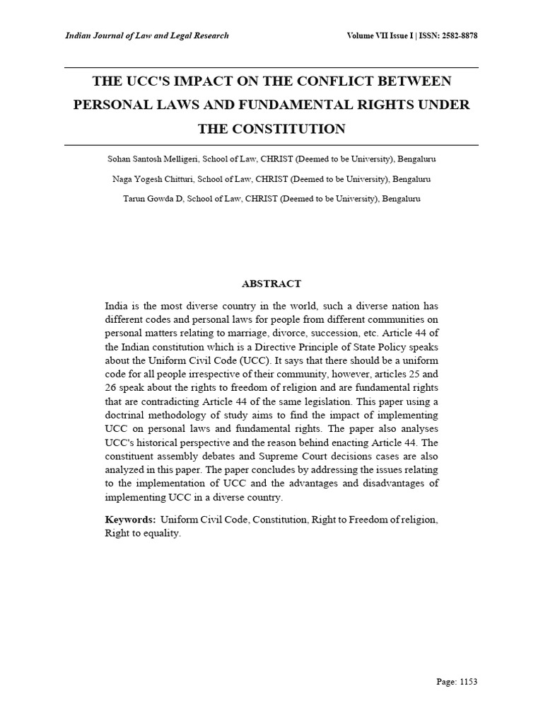 The Ucc's Impact On The Conflict Between Personal Laws and Fundamental ...