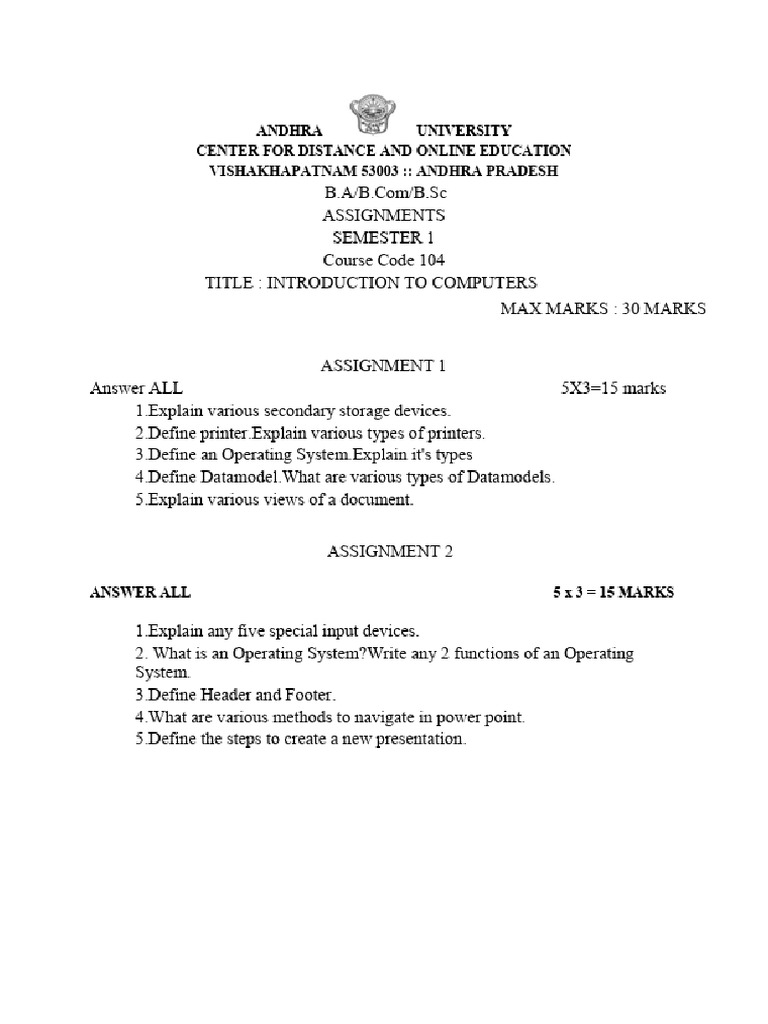 Introduction To Computers Sem I Assignment Questions | PDF