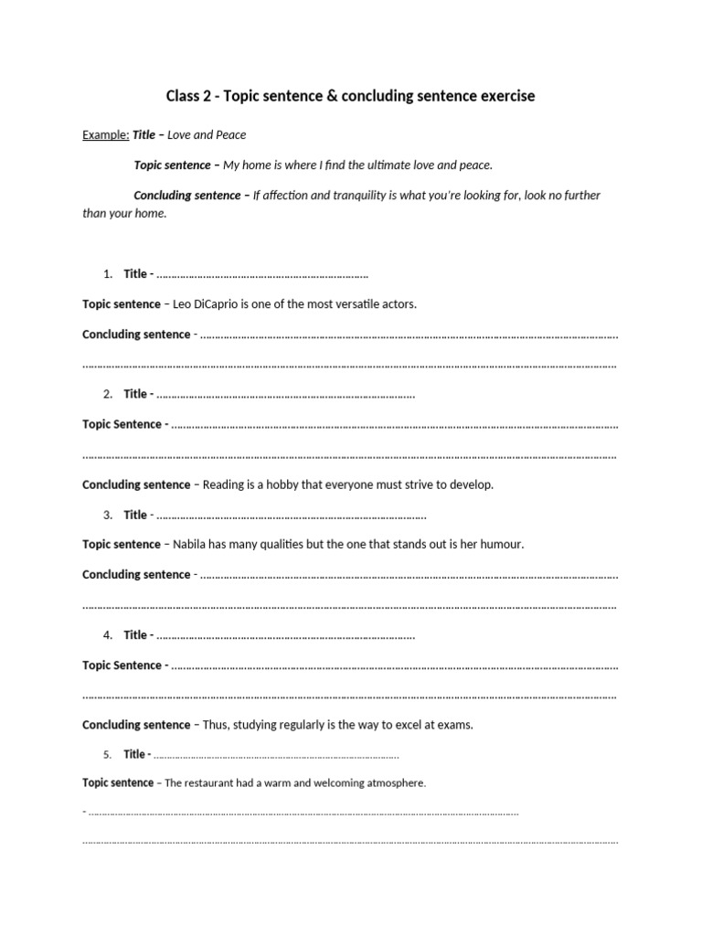 Topic Sentence & Concluding Sentence Exercise 2 | PDF