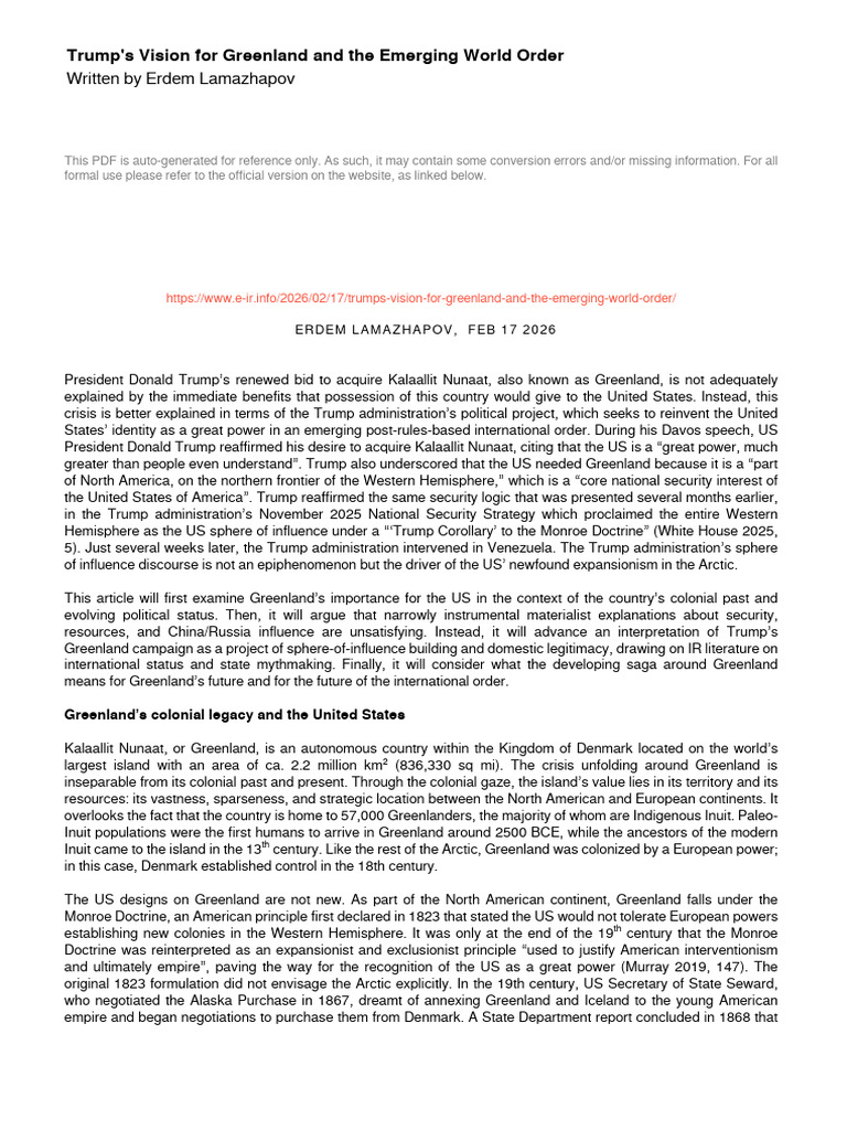 Trumps Vision For Greenland and The Emerging World Order | PDF
