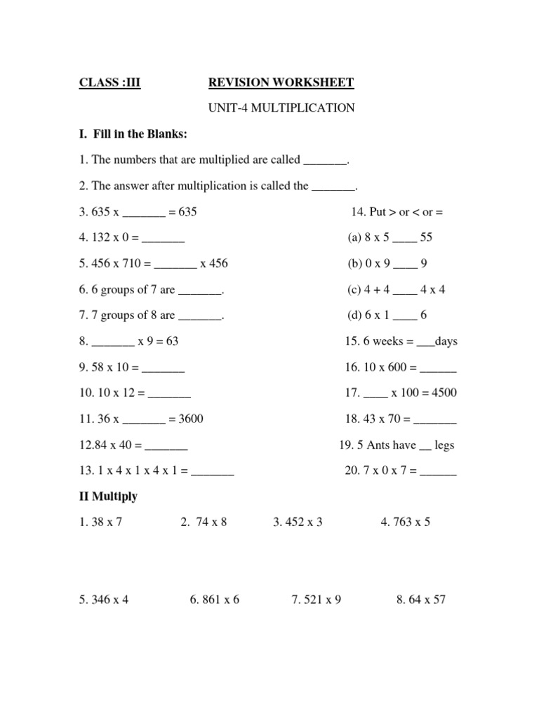 CBSE Class 3 Mathematics Worksheet (84) - Multiplication | PDF