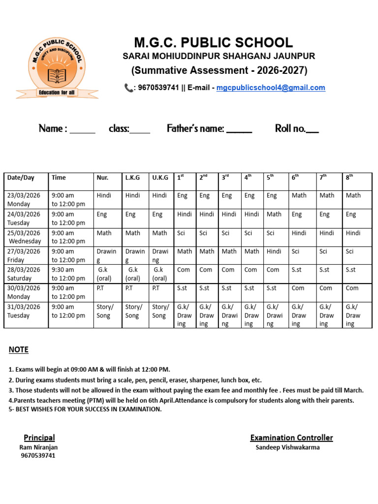 Summative Assessment Time Table 2026 | PDF