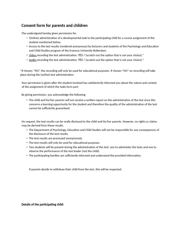 Parental Consent Form EN | PDF | Youth | Interpersonal Relationships