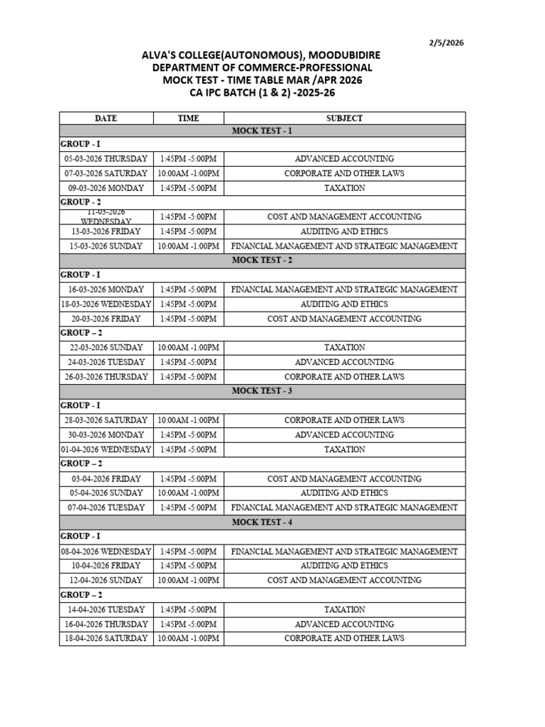 Mock - Time Table - Ipc - March & April 2026 | PDF
