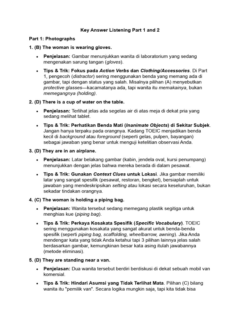 Key Answer Listening Part 1 and 2 | PDF