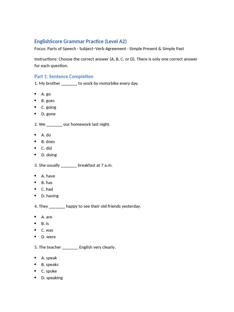 Grammar A2 Test | PDF | Linguistic Morphology | Linguistics