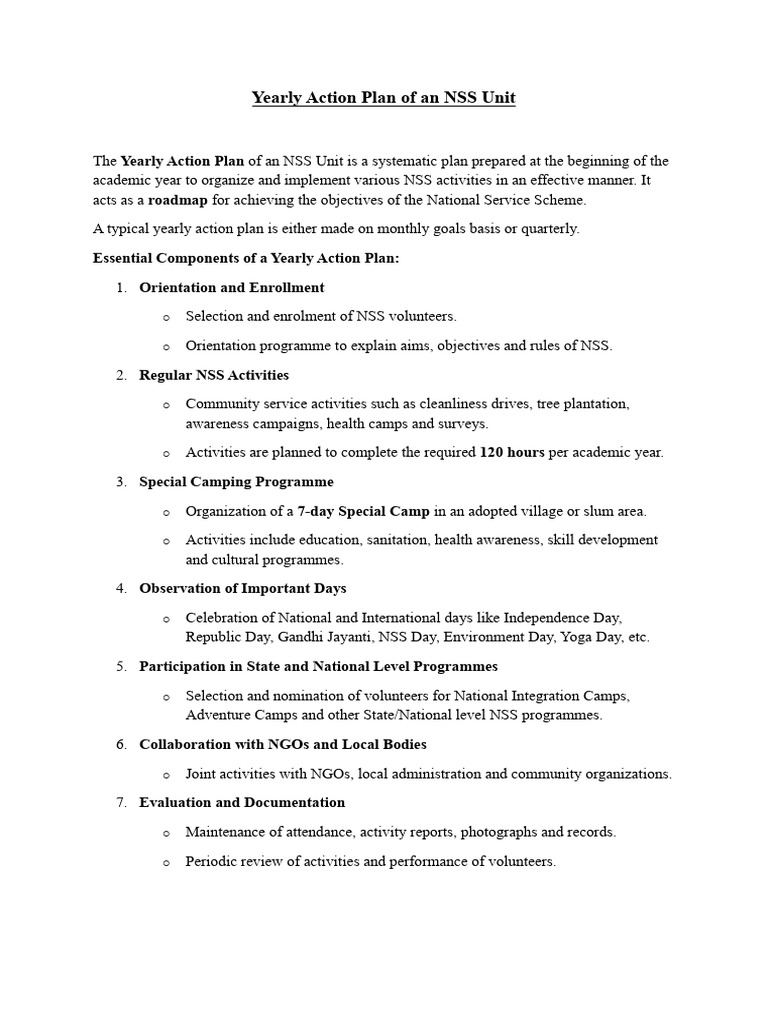 Yearly Action Plan of An NSS Unit | PDF