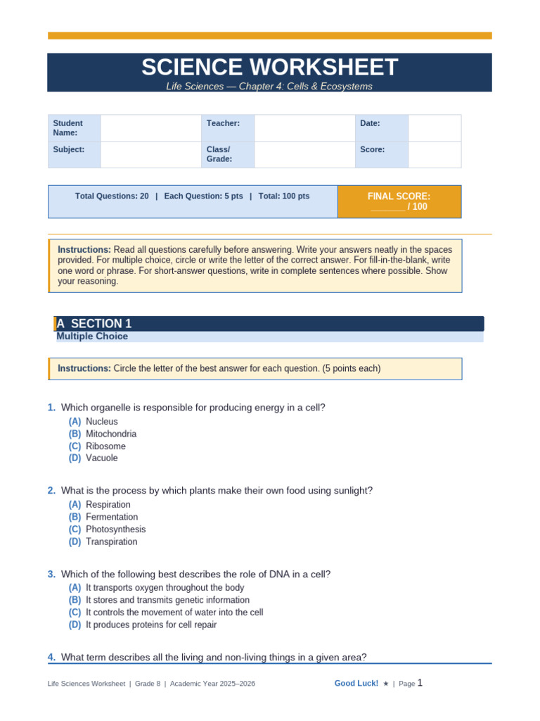 Science Worksheet | PDF