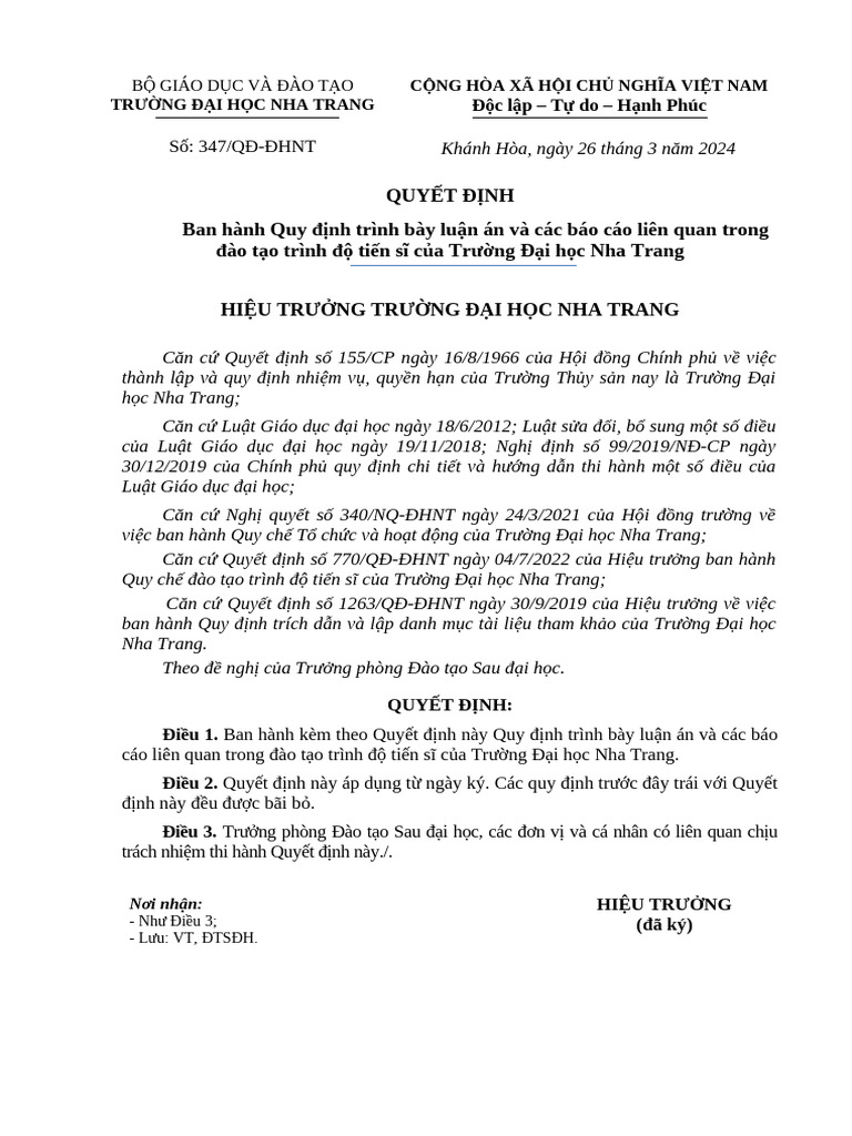 Quy Dinh Trinh Bay Luan An Tien Si DHNT - 2024 (TT-PC) | PDF