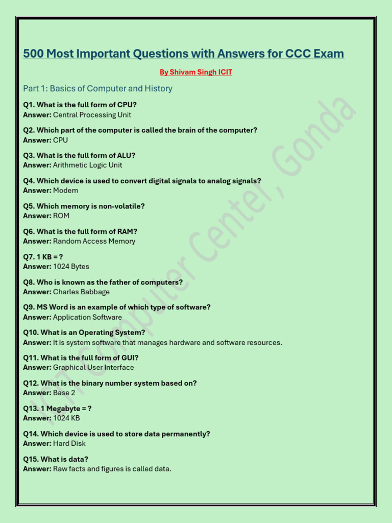 CCC & O Level M1 Most Important Questions | PDF | Computer Network | Ip ...