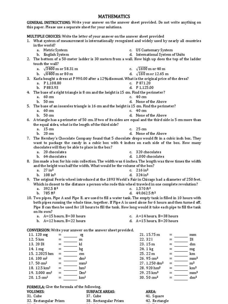 Math Quiz Pdf Volume Elementary Geometry