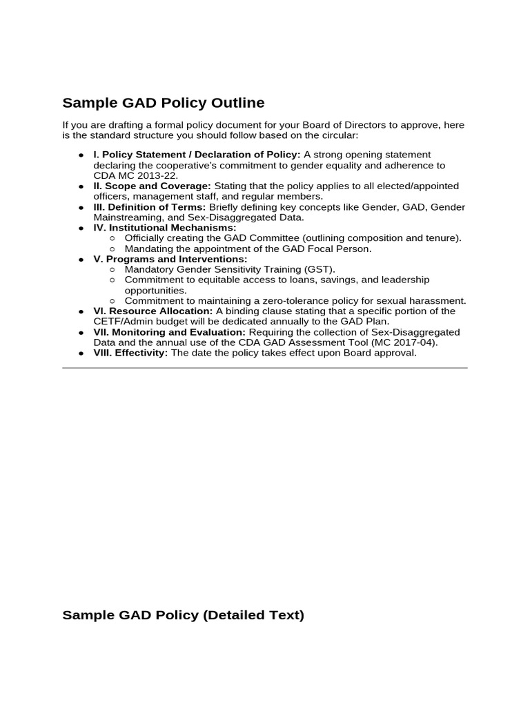 Sample GAD Policy Outline | PDF | Gender Equality | Gender Studies