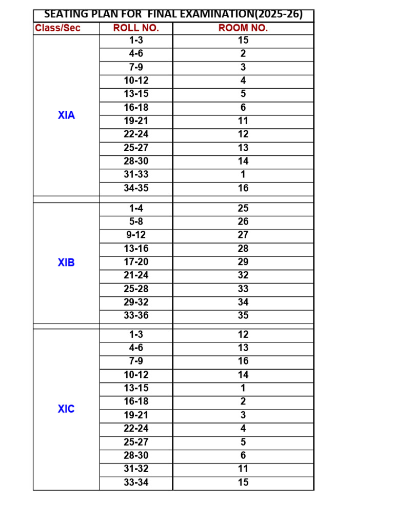 Seating Plan Class Xi (2025-26) | PDF