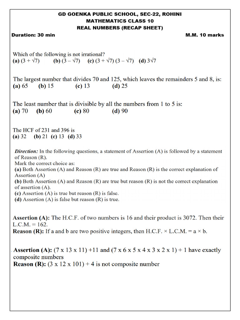 Real Numbers-Recap Sheet | PDF