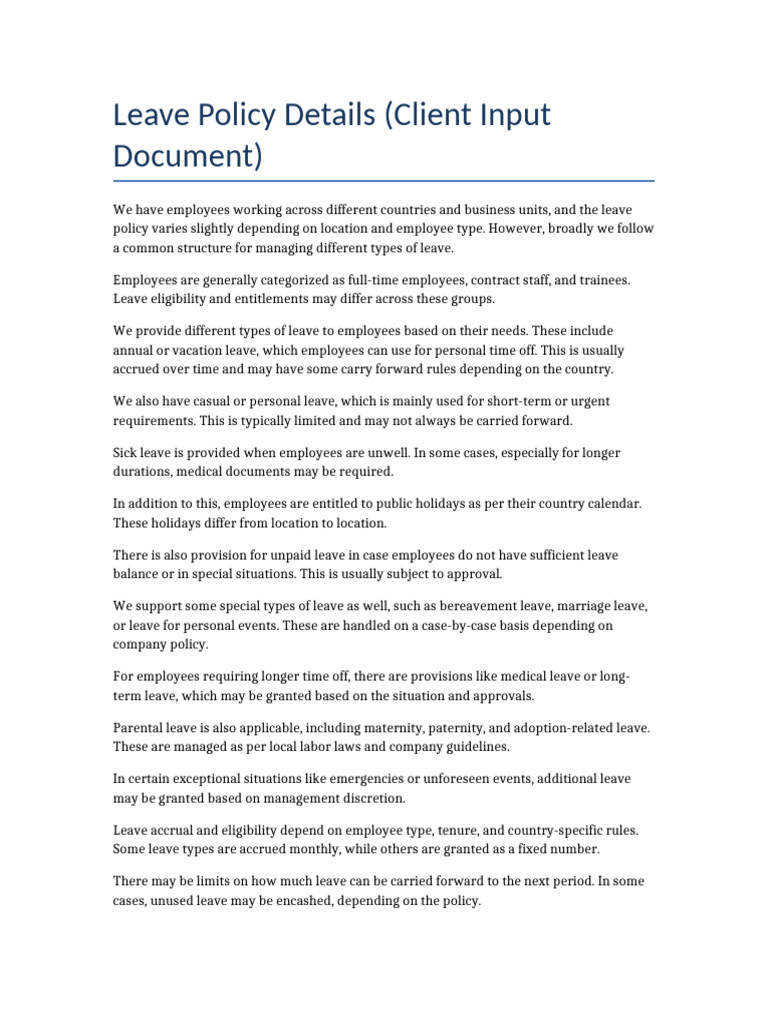 Leave Client Input Document | PDF | Employment | Parental Leave