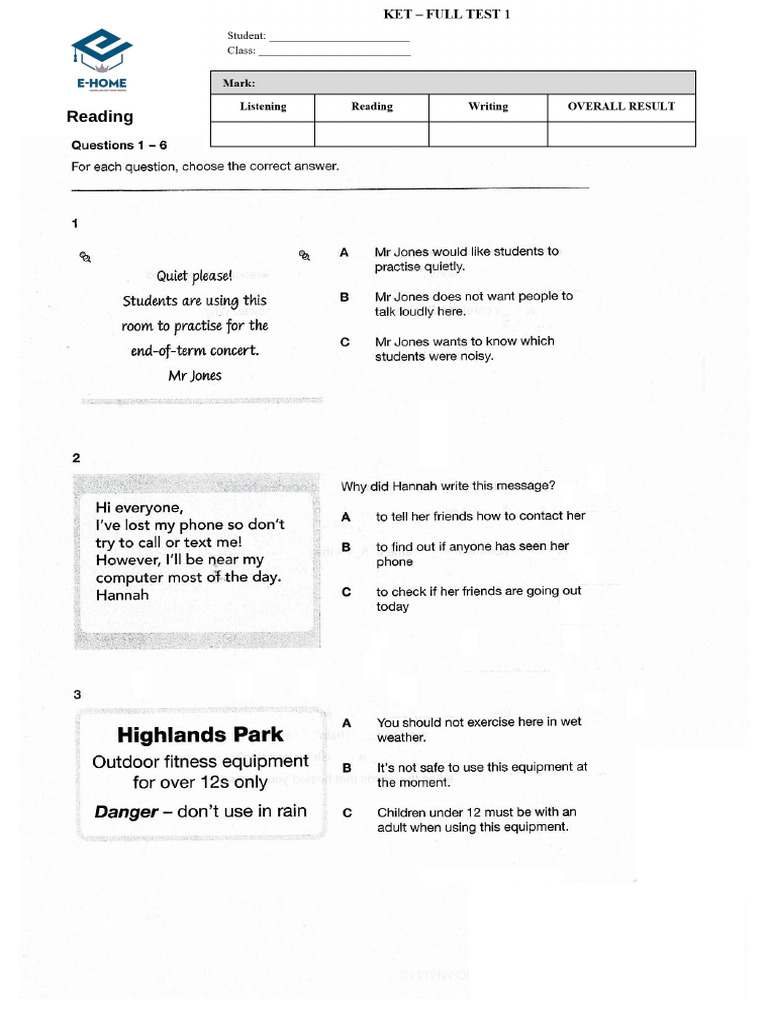 Ket - Full Test 1 | PDF