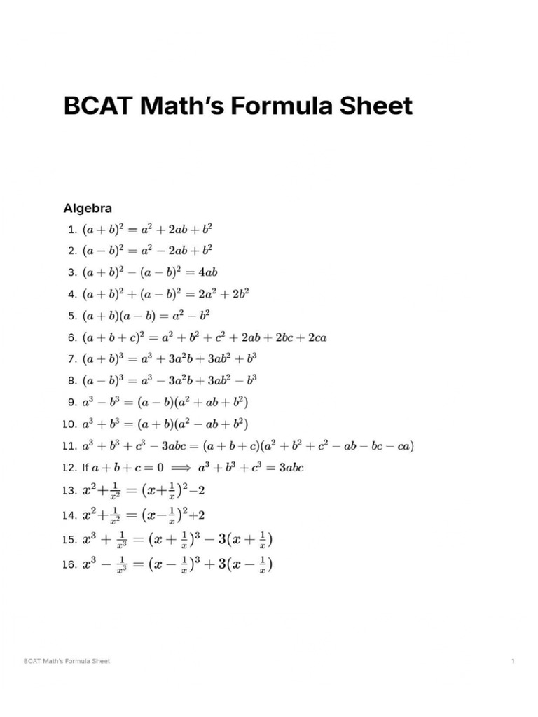 BCAT Math's Formula Sheet | PDF | Area | Length