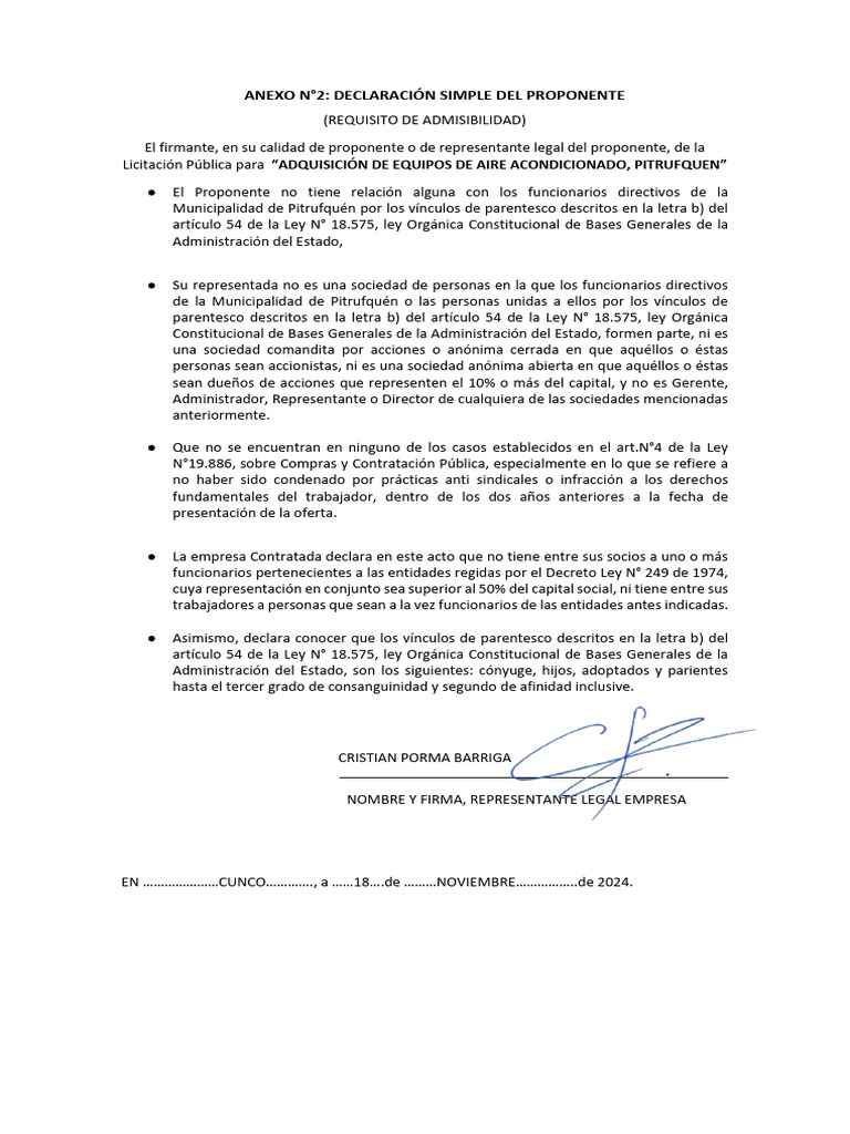 Anexo #2 Declaración Simple Del Proponente Pitru | PDF | Parentesco ...