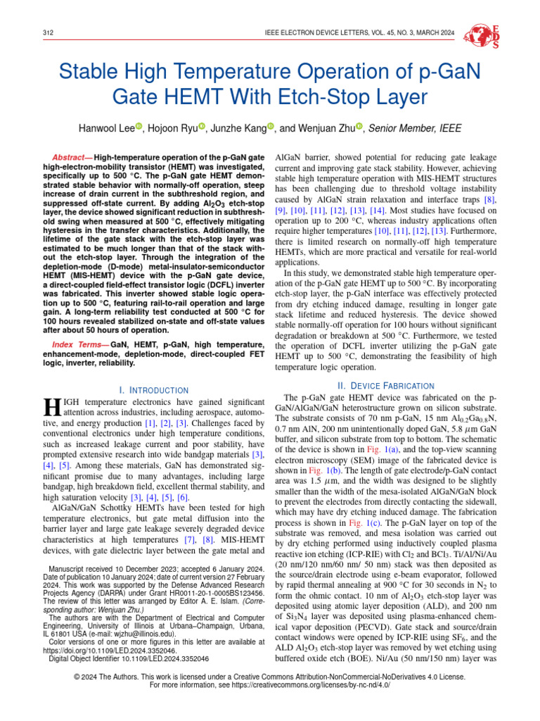 Stable High Temperature Operation of P-GaN Gate HEMT With Etch-Stop ...