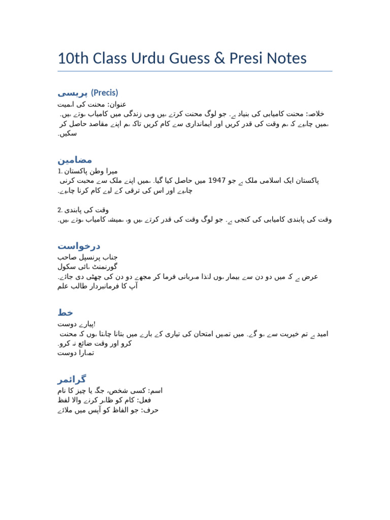 Urdu Notes 10th | PDF