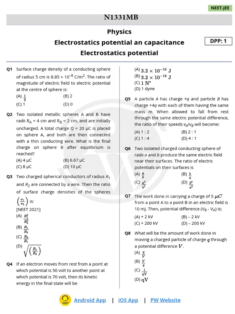 Electrostatic Potential and Capacitance DPP 01 | PDF | Electric Field ...