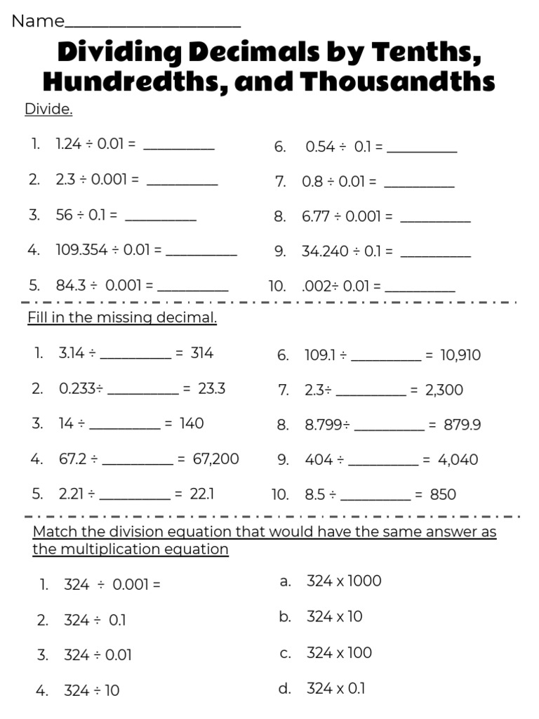 Dividing Decimals by Tenths, Hundredths, and Thousandths | PDF