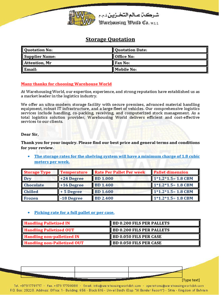 Storage Quotation | PDF | Warehouse | Logistics