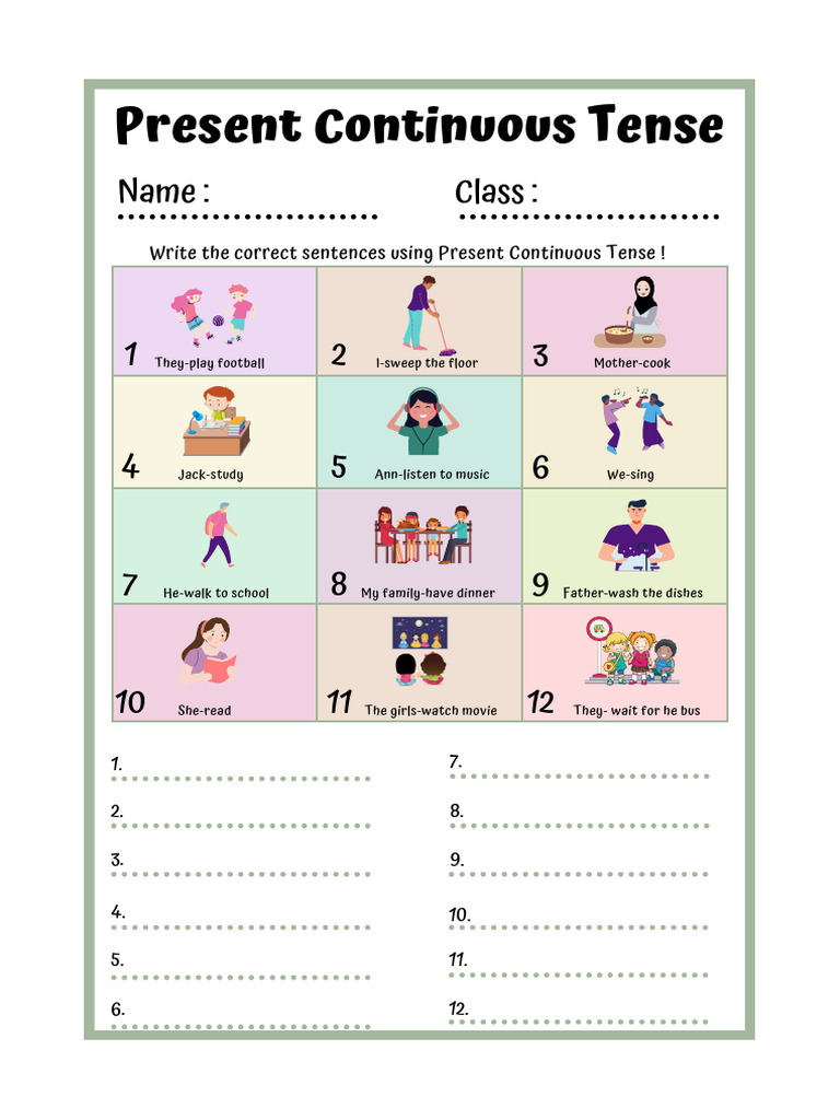 Colorful Illustrative Present Continuous Worksheet | PDF