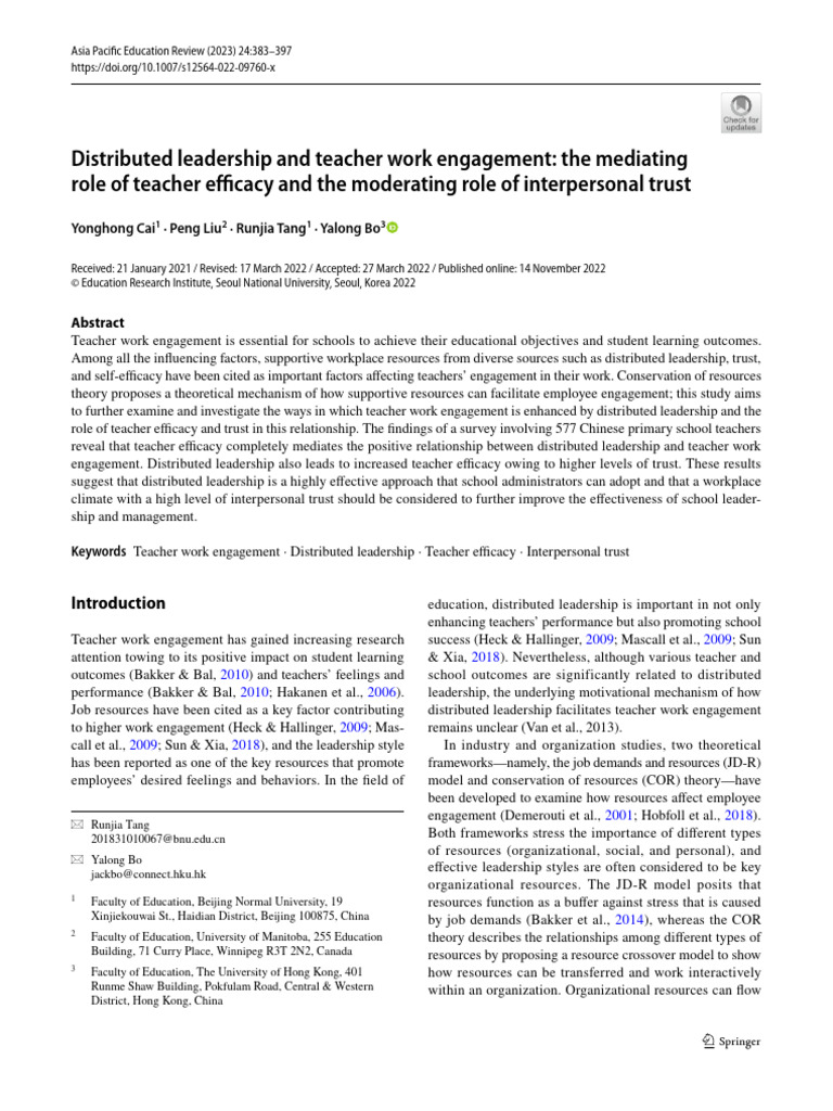 Distributed Leadership and Teacher Work Engagement: The Mediating Role ...