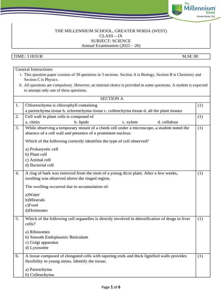 Annual Examination-Grade 9-Science Sample QP | PDF | Cell (Biology ...