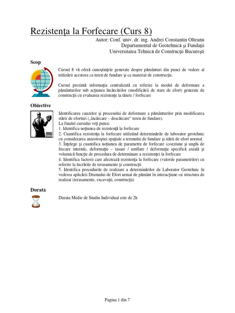 Curs 8 20÷27 Noiembrie Rezistenta la Forfecare Geotehnica Andrei ...