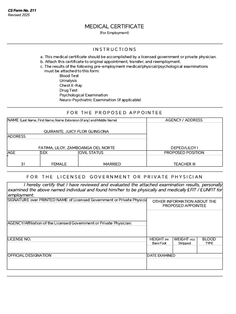 ANNEXG CSFormNo.211Revised2025 MedicalCertificate | PDF