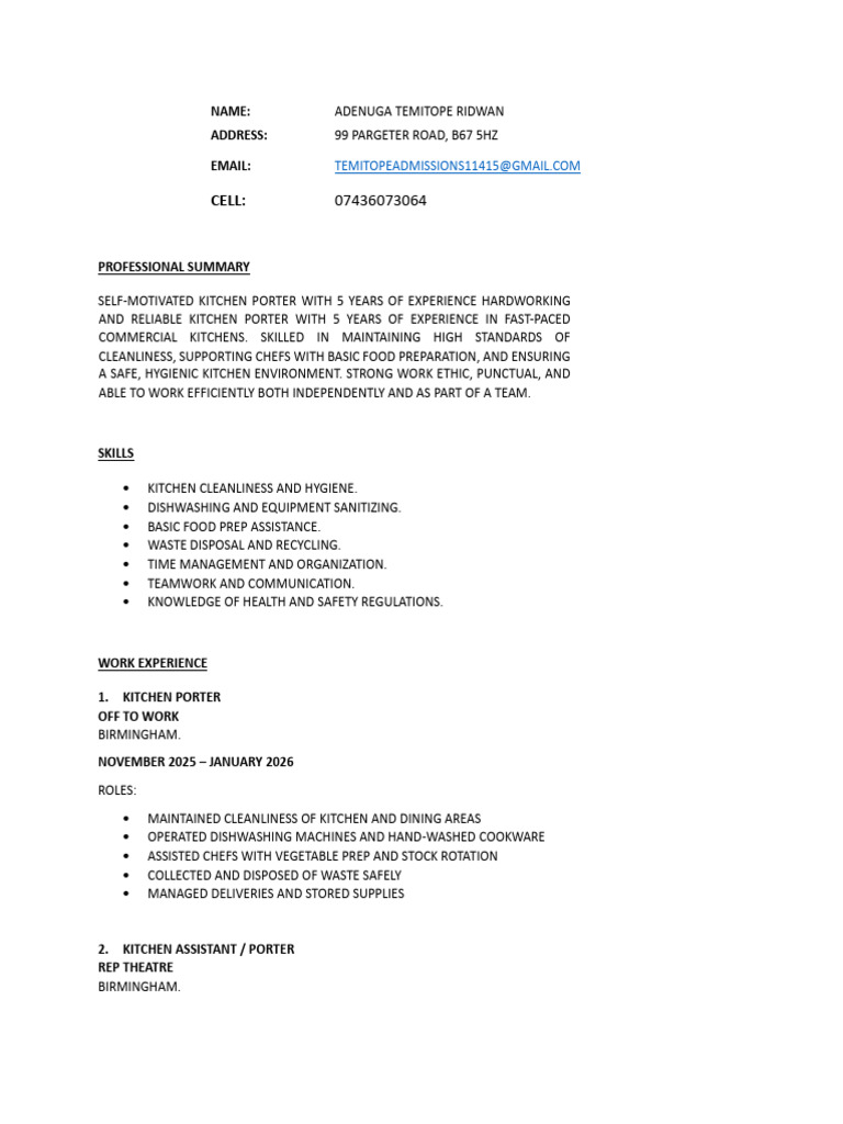 6 Years Kitchen Porter Experience CV | PDF | Kitchen | Hygiene