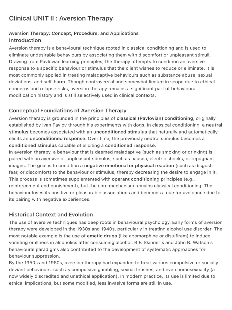 Clinical UNIT II - Aversion Therapy | PDF | Classical Conditioning ...