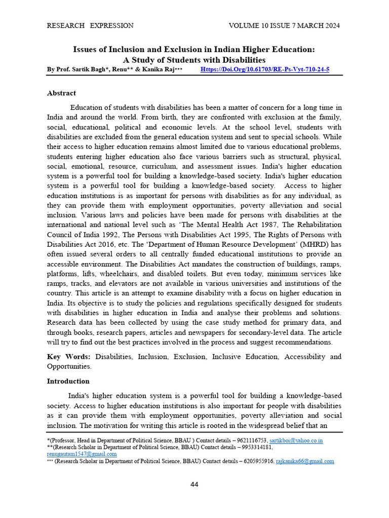 Sartik Bagh - Issues of Inclusion and Exclusion in Indian Higher ...