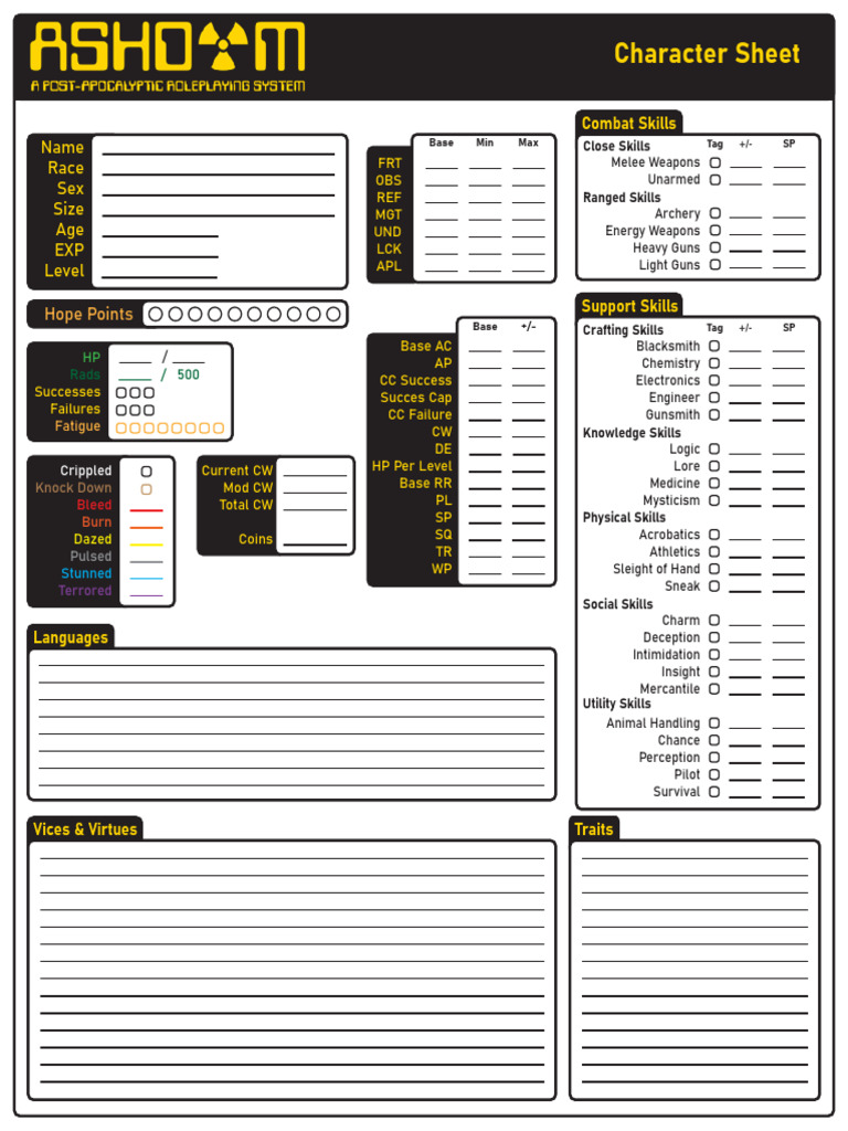 (CHARACTER SHEET) ASHDOM A Post Apocalyptic Roleplaying Sytem | PDF