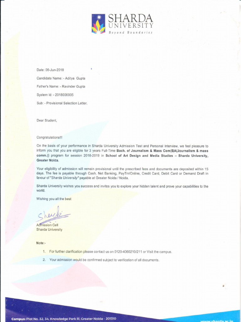 Aditya Selection Letter | PDF