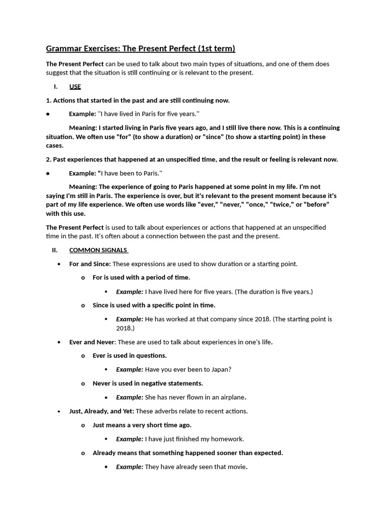Grammar Exercises Present Perfect | PDF | Verb | Languages