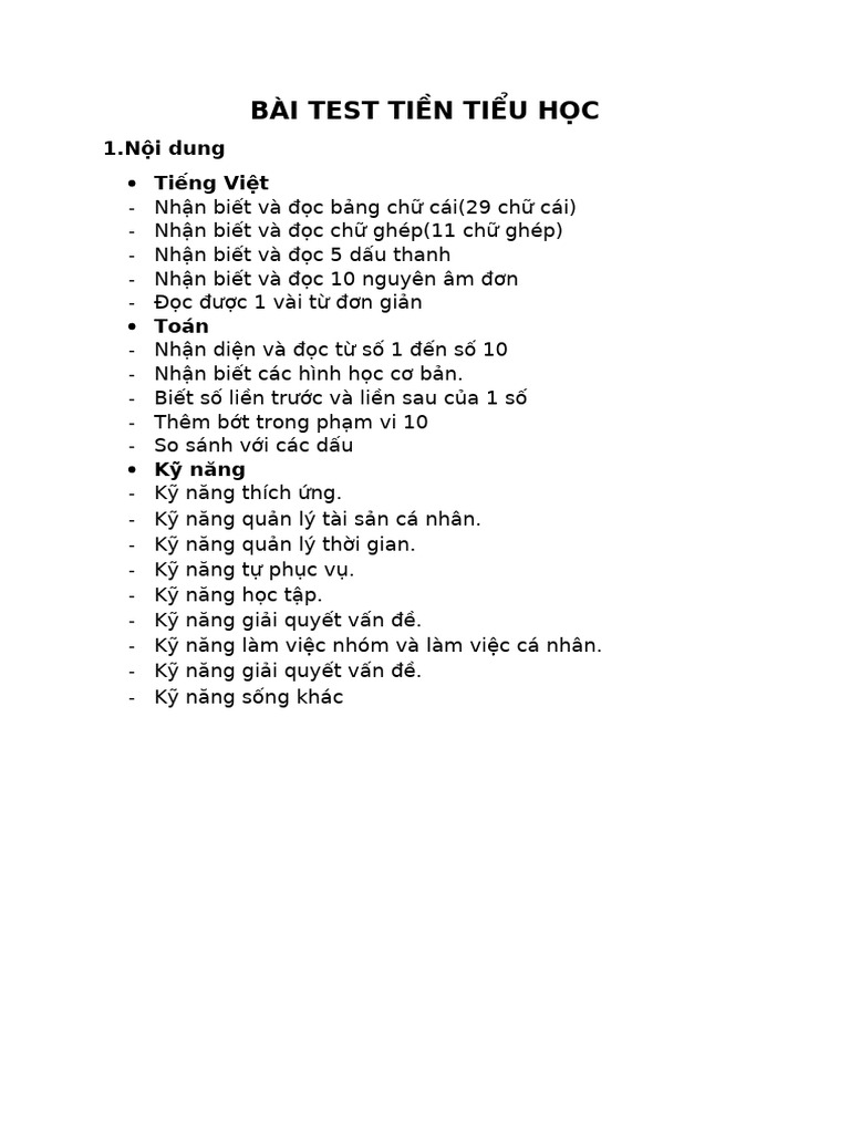 Bài Test Tiền Tiểu Học | PDF