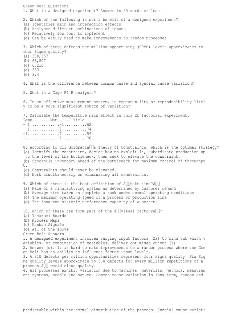 Six Sigma Sample Questions | PDF | Six Sigma | Standard Deviation