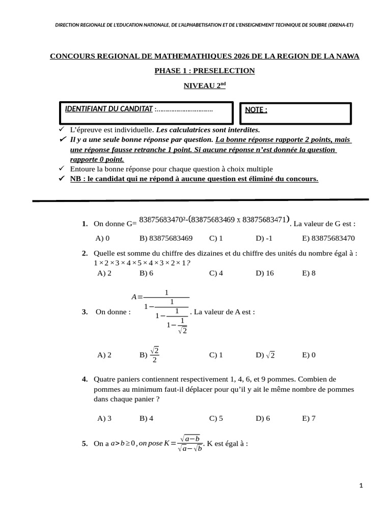 Jeu Concours Maths Niveau 2C | PDF