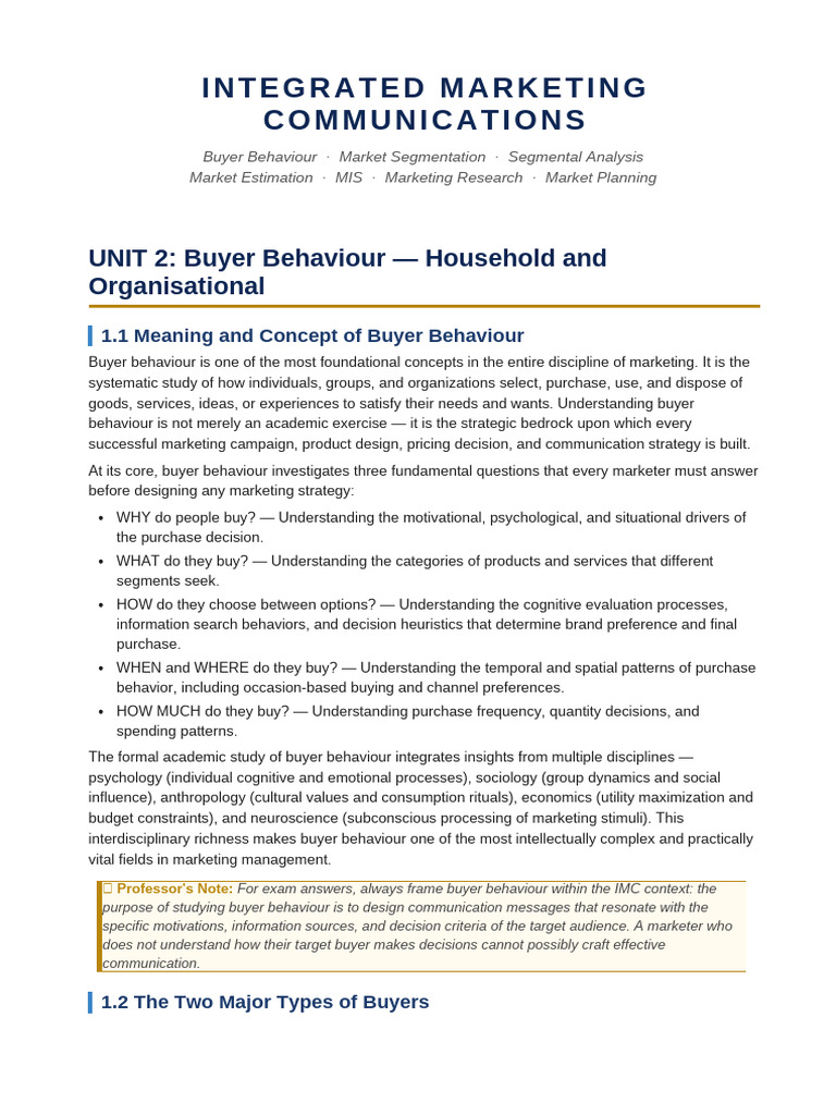 IMC Unit2 Elaborate Notes | PDF | Consumer Behaviour | Procurement