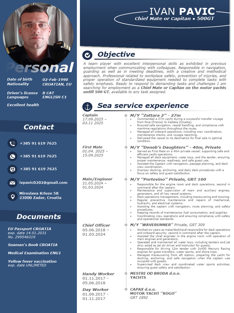 Ivan Pavic - CV - 2 | PDF | Sea Captain | Sailor