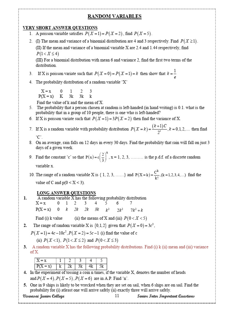 Random Variable, Binomial Theorem Maths | PDF | Probability ...