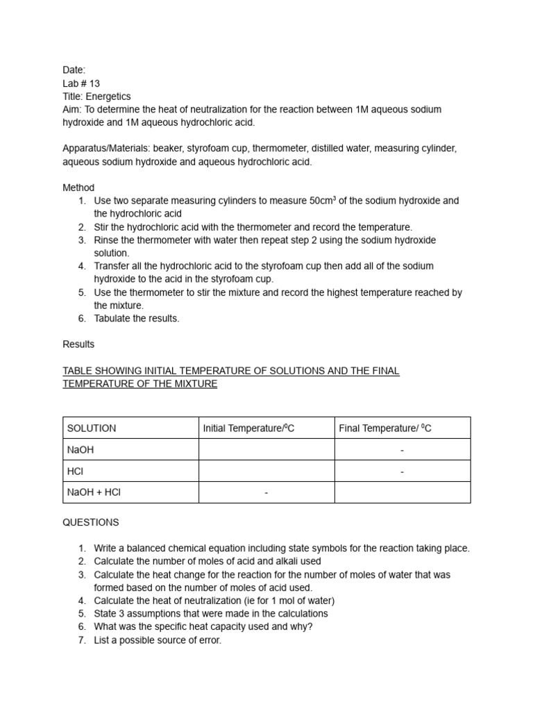Lab 13 Energetics | PDF | Sodium Hydroxide | Acid