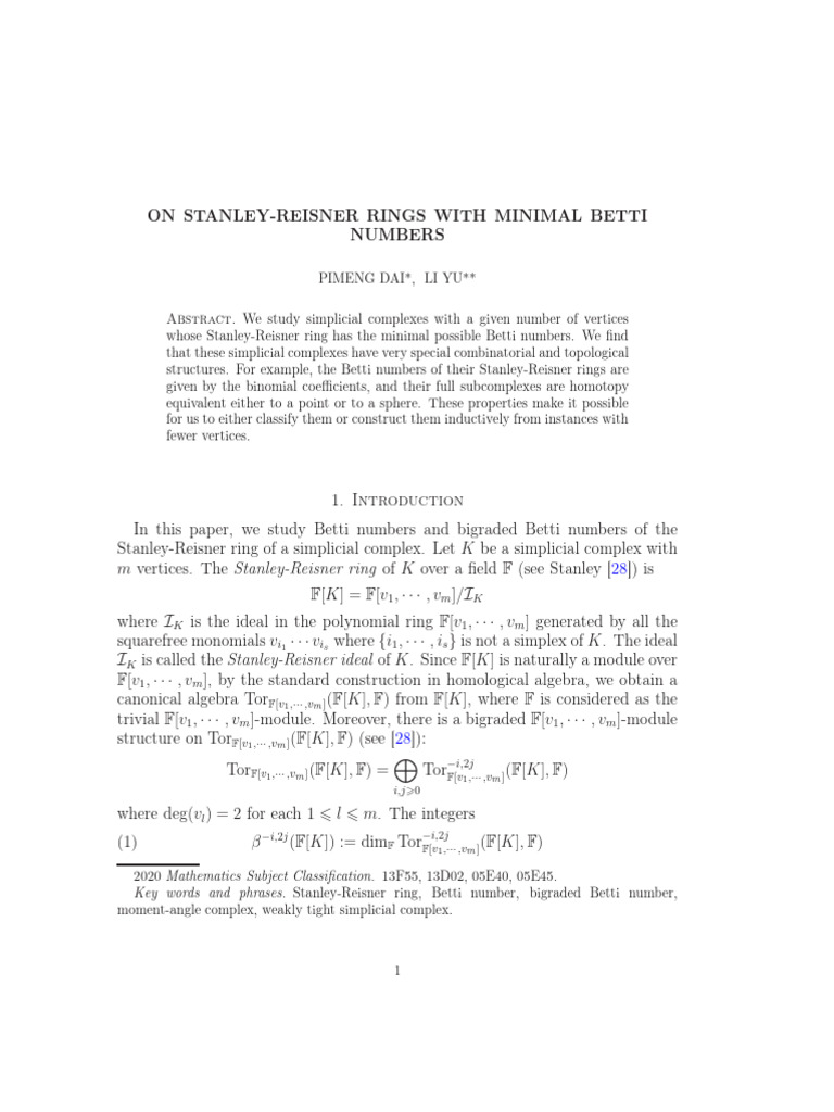 On Stanley-Reisner Rings With Minimal Betti Numbers | PDF | Ring ...