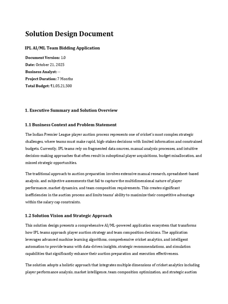 IPL Solution Design Document Final | PDF | Machine Learning | Strategic ...