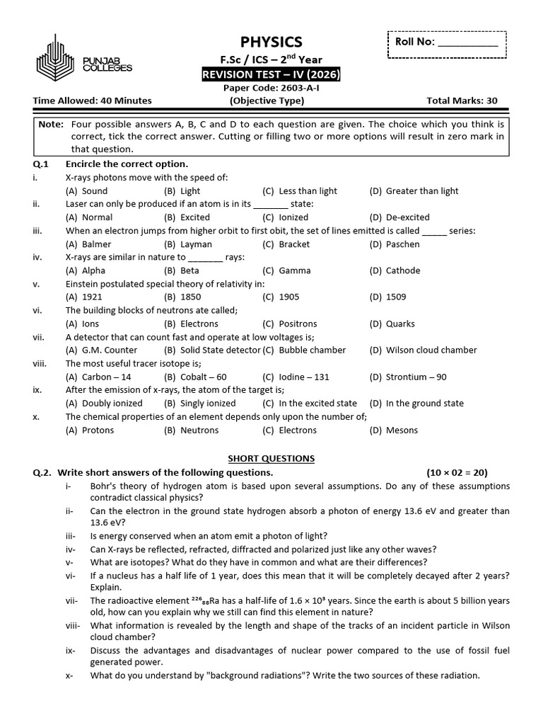Physics - II 2026 (A-1 2603 Afternoon) | PDF | Atoms | Electron