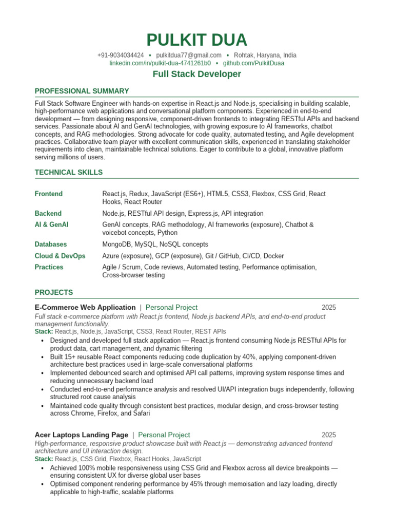 Pulkit DUA FullStack Resume | PDF | Computing | Software Engineering